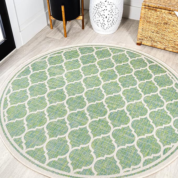JONATHAN Y Moroccan Trellis Indoor Outdoor Round Area Rug 5 Ft Cream/Green, Trebol Textured Weave for Backyard, Patio, Porch, Easy-Cleaning, High Traffic, Pet-Friendly, Non-Shedding (SMB109I-5R)