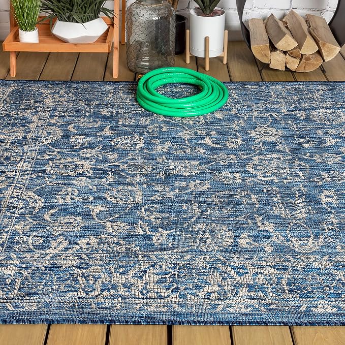 JONATHAN Y Weave Floral Indoor Outdoor Area Rug 5X8 Navy/Gray, Tela Bohemian Textured for Backyard, Patio, Porch, Easy-Cleaning, High Traffic, Pet-Friendly, Non-Shedding (SMB100B-5)