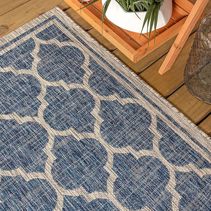 JONATHAN Y Moroccan Trellis Indoor Outdoor Round Area Rug 9 Ft Navy/Gray, Trebol Textured Weave for Backyard, Patio, Porch, Easy-Cleaning, High Traffic, Pet-Friendly, Non-Shedding (SMB109D-9R)