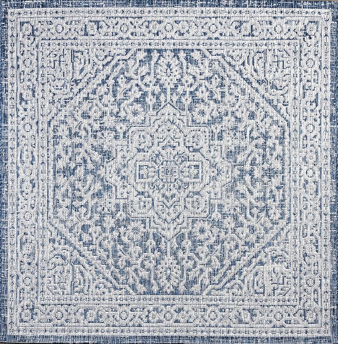 JONATHAN Y Medallion Weave Indoor Outdoor Square Area Rug 4X4 Navy/Gray, Sinjuri Textured for Backyard, Patio, Porch, Easy-Cleaning, High Traffic, Pet-Friendly, Non-Shedding (SMB101B-4SQ)