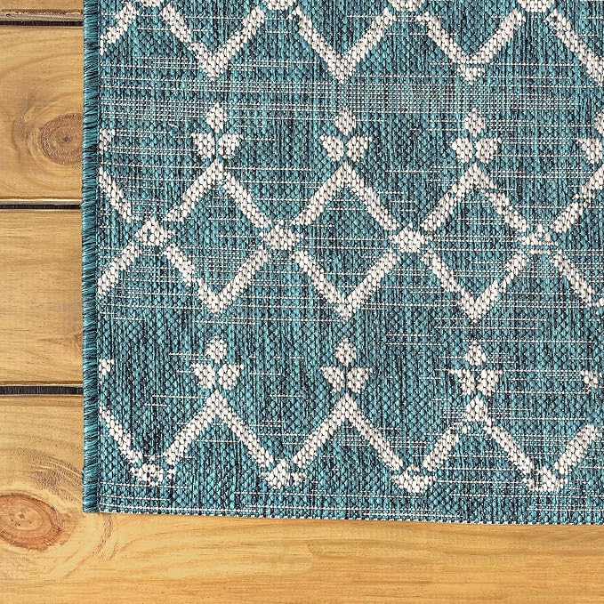 JONATHAN Y Moroccan Geometric Indoor Outdoor Round Area Rug 5 Ft Teal/Gray, Ourika Textured Weave for Backyard, Patio, Porch, Easy-Cleaning, High Traffic, Pet-Friendly, Non-Shedding (SMB108C-5R)