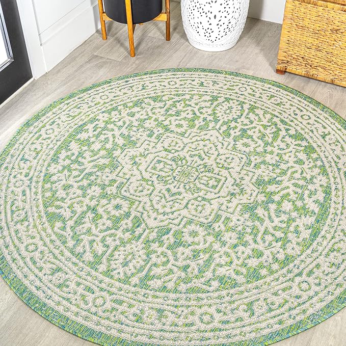 JONATHAN Y Medallion Weave Indoor Outdoor Round Area Rug 5 Ft Cream/Green, Sinjuri Textured for Backyard, Patio, Porch, Easy-Cleaning, High Traffic, Pet-Friendly, Non-Shedding (SMB101H-5R)