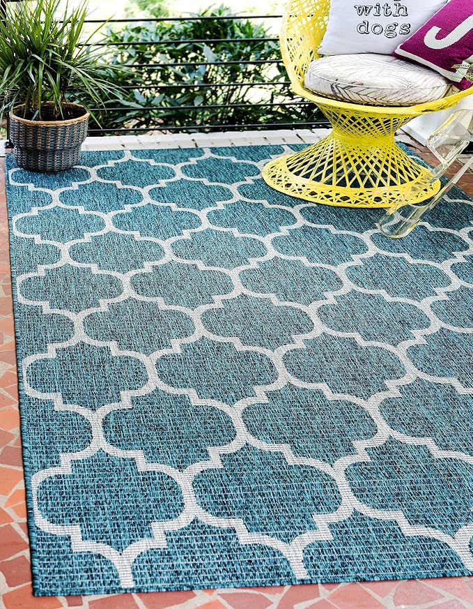 Unique Loom Outdoor Trellis Collection Area Rug (9' x 12' Rectangle, Teal/ Gray)