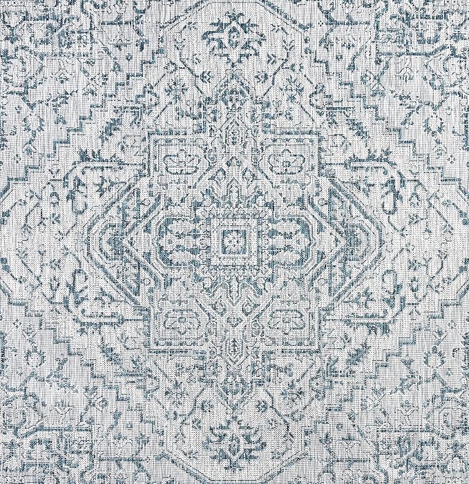 JONATHAN Y Boho Medallion Indoor Outdoor Square Area Rug 6X6 Teal/Gray, Estrella Textured Weave for Backyard, Patio, Porch, Easy-Cleaning, High Traffic, Pet-Friendly, Non-Shedding (SMB105C-6SQ)