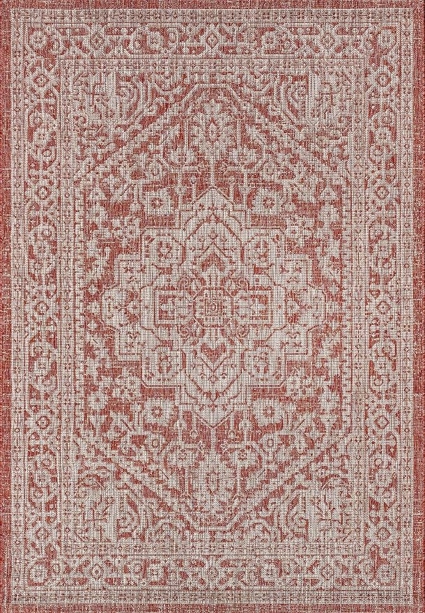 JONATHAN Y Medallion Weave Indoor Outdoor Area Rug 6X9 Red/Taupe, Sinjuri Textured for Backyard, Patio, Porch, Easy-Cleaning, High Traffic, Pet-Friendly, Non-Shedding (SMB101A-6)