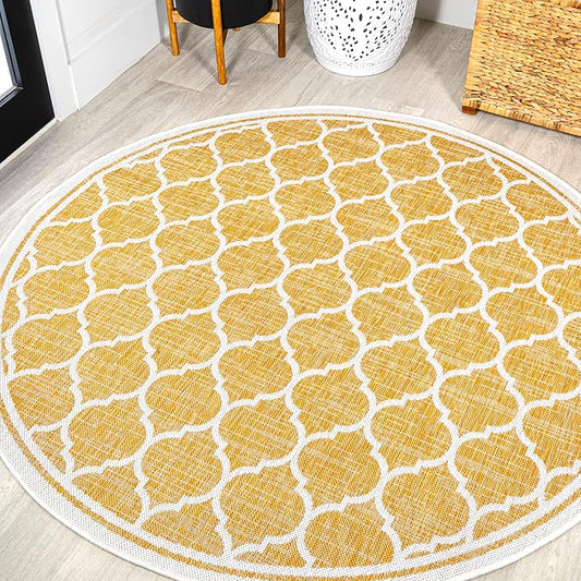 JONATHAN Y Moroccan Trellis Indoor Outdoor Round Area Rug 5 Ft Yellow/Cream, Trebol Textured Weave for Backyard, Patio, Porch, Easy-Cleaning, High Traffic, Pet-Friendly, Non-Shedding (SMB109F-5R)