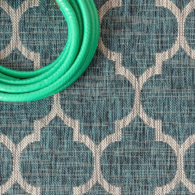 JONATHAN Y Moroccan Trellis Indoor Outdoor Round Area Rug 5 Ft Teal/Gray, Trebol Textured Weave for Backyard, Patio, Porch, Easy-Cleaning, High Traffic, Pet-Friendly, Non-Shedding (SMB109E-5R)