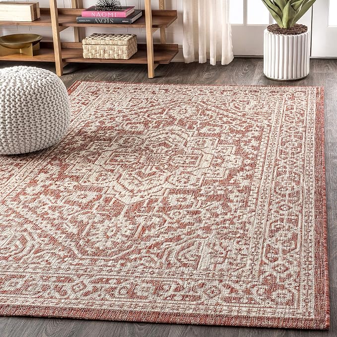 JONATHAN Y Medallion Weave Indoor Outdoor Area Rug 9X12 Red/Taupe, Sinjuri Textured for Backyard, Patio, Porch, Easy-Cleaning, High Traffic, Pet-Friendly, Non-Shedding (SMB101A-9)