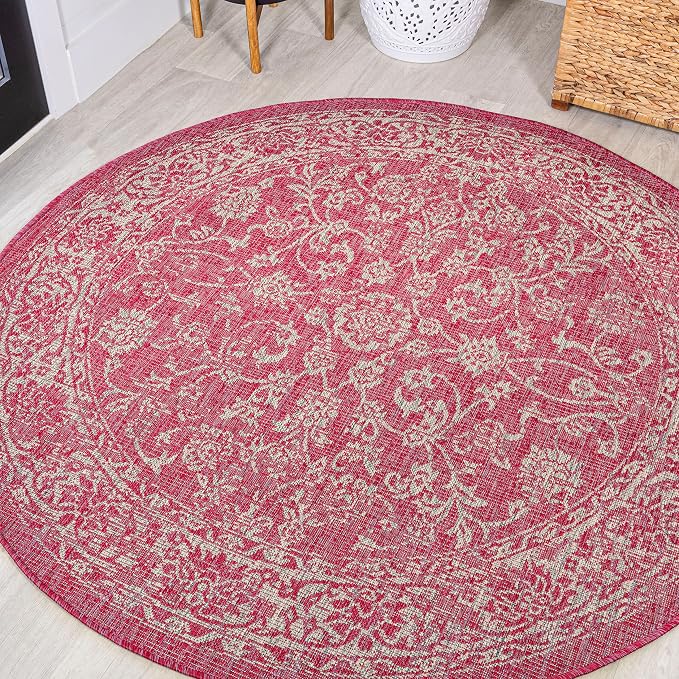 JONATHAN Y Weave Floral Indoor Outdoor Round Area Rug 5 Ft Fuchsia/Light Gray, Tela Bohemian Textured for Backyard, Patio, Porch, Easy-Cleaning, High Traffic, Pet-Friendly, Non-Shedding (SMB100G-5R)