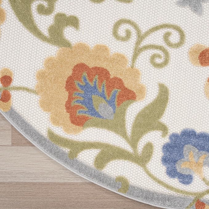 Nourison Home Aloha Ivory Blue 5'3" x Round Area Rug - Easy Clean, Non Shedding, Bed Room, Living Room, Dining Room, Kitchen (5' x Round)