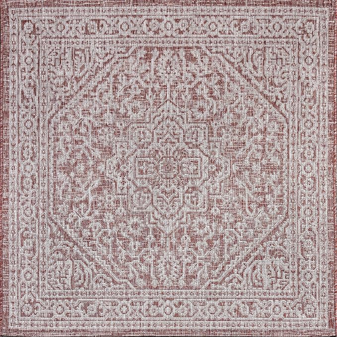JONATHAN Y Medallion Weave Indoor Outdoor Square Area Rug 9X9 Red/Taupe, Sinjuri Textured for Backyard, Patio, Porch, Easy-Cleaning, High Traffic, Pet-Friendly, Non-Shedding (SMB101A-9SQ)