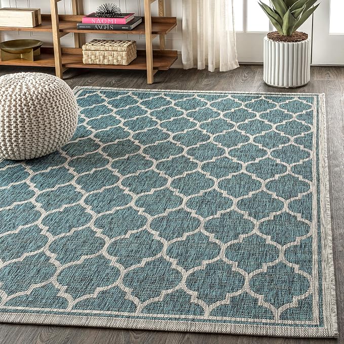 JONATHAN Y Moroccan Trellis Indoor Outdoor Area Rug 6X9 Teal/Gray, Trebol Textured Weave for Backyard, Patio, Porch, Easy-Cleaning, High Traffic, Pet-Friendly, Non-Shedding (SMB109E-6)