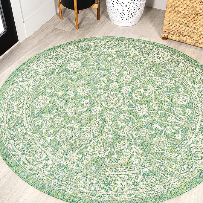 JONATHAN Y Weave Floral Indoor Outdoor Round Area Rug 5 Ft Cream/Green, Tela Bohemian Textured for Backyard, Patio, Porch, Easy-Cleaning, High Traffic, Pet-Friendly, Non-Shedding (SMB100F-5R)