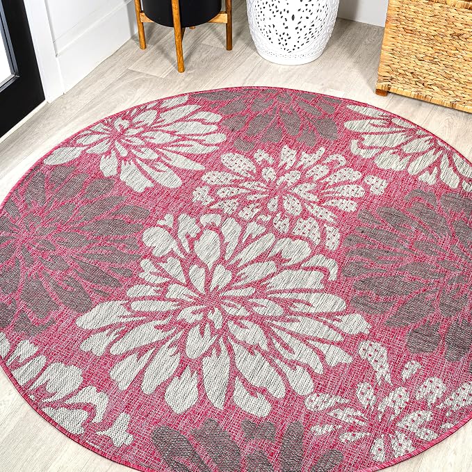 JONATHAN Y Floral Textured Weave Indoor Outdoor Round Area Rug 5 Ft Fuchsia/Light Gray, Zinnia Modern for Backyard, Patio, Porch, Easy-Cleaning, High Traffic, Pet-Friendly, Non-Shedding (SMB110F-5R)