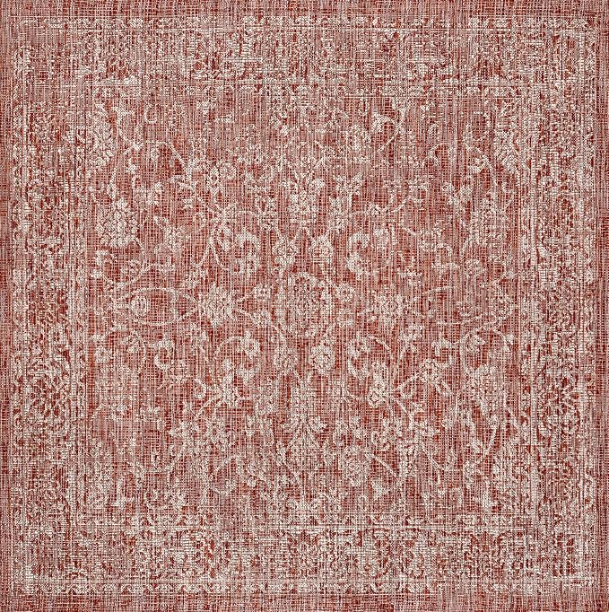 JONATHAN Y Weave Floral Indoor Outdoor Square Area Rug 3X3 Red/Taupe, Tela Bohemian Textured for Backyard, Patio, Porch, Easy-Cleaning, High Traffic, Pet-Friendly, Non-Shedding (SMB100A-3SQ)
