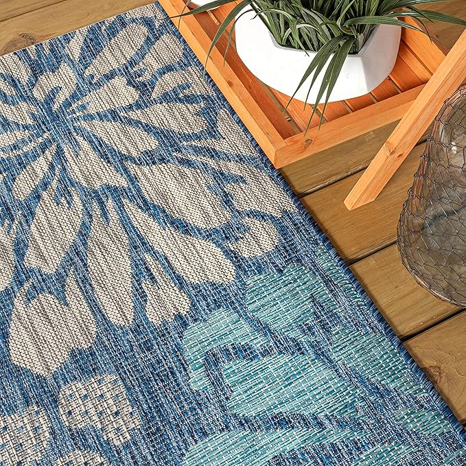 JONATHAN Y Floral Textured Weave Indoor Outdoor Square Area Rug 6X6 Navy/Aqua, Zinnia Modern for Backyard, Patio, Porch, Easy-Cleaning, High Traffic, Pet-Friendly, Non-Shedding (SMB110C-6SQ)