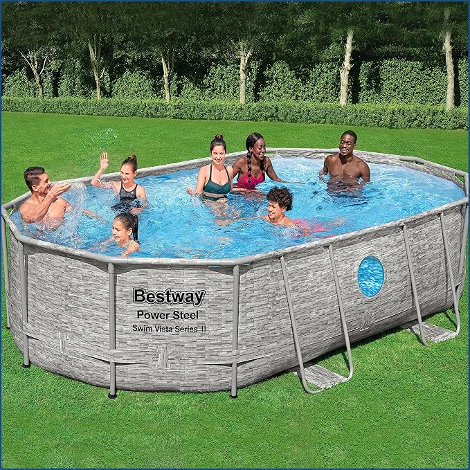 Bestway Power Steel Swim Vista Series Frame Pool Complete Set with Sand Filter System, 488 x 305 x 107 cm, Stone Wall Effect (Cream Grey), Oval