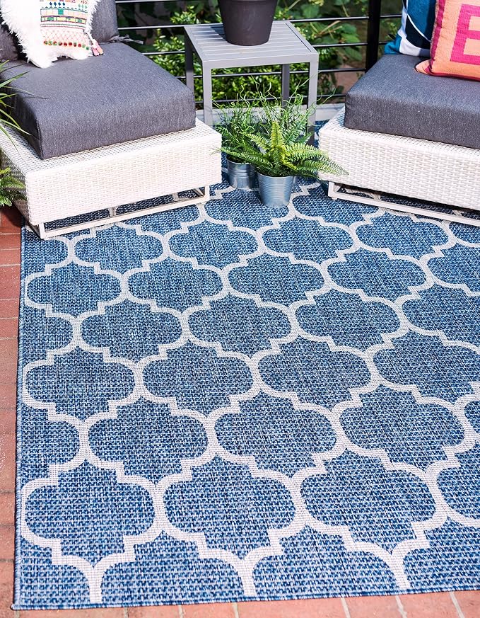 Unique Loom Outdoor Trellis Collection Area Rug (6' 1" x 9' Rectangle, Navy Blue/ Ivory)