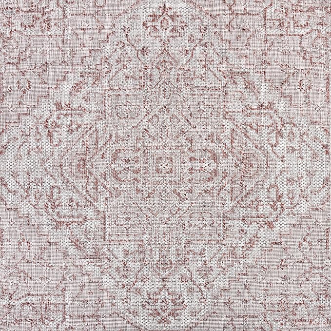 JONATHAN Y Boho Medallion Indoor Outdoor Square Area Rug 4X4 Red/Taupe, Estrella Textured Weave for Backyard, Patio, Porch, Easy-Cleaning, High Traffic, Pet-Friendly, Non-Shedding (SMB105A-4SQ)